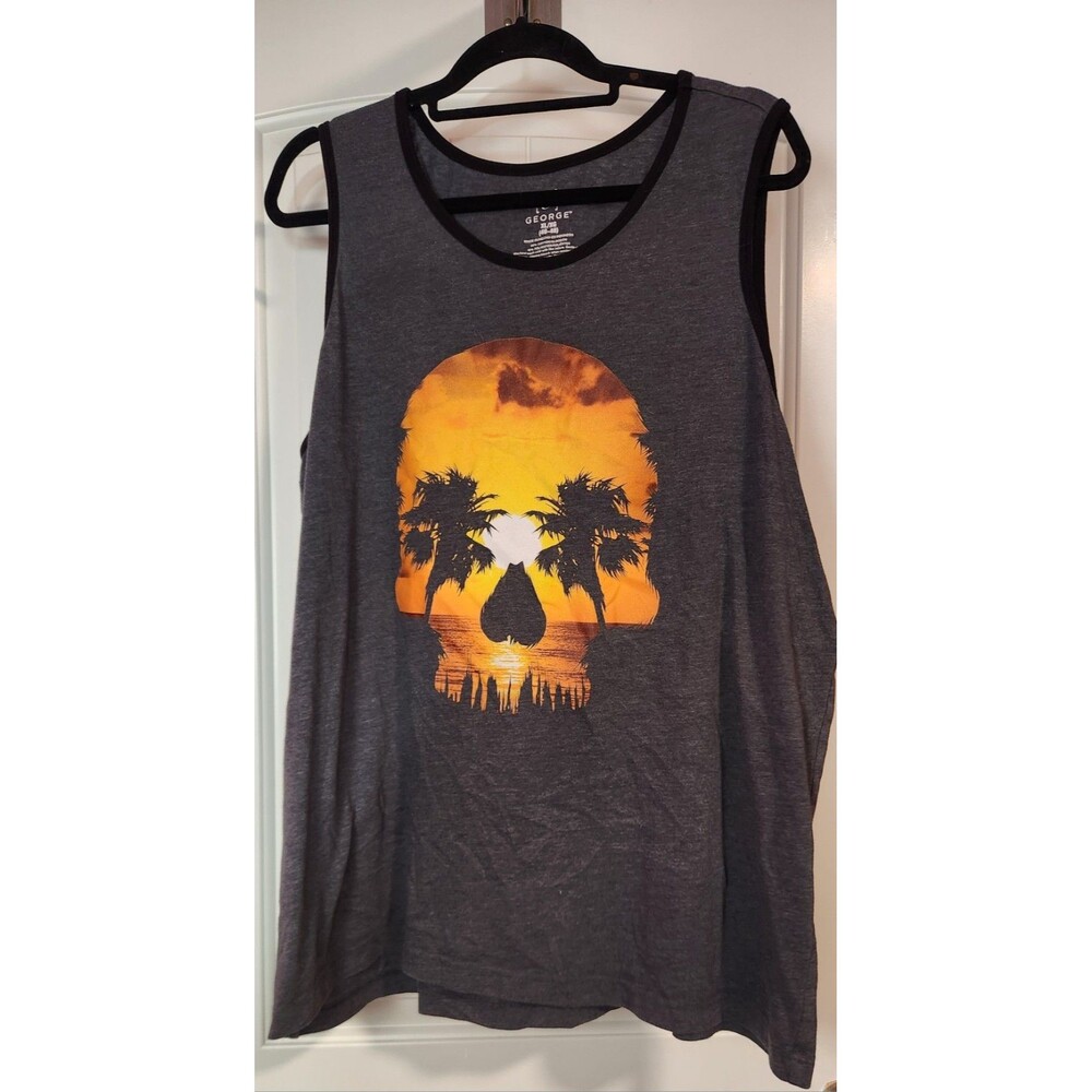 Men’s XL Black Orange Tropic Skull Graphic Tank Top Sleeveless Gym Workout Shirt